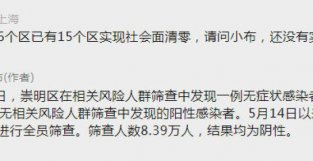 上海发布：13日崇明区在相关风险人群筛查中发现一例无症状